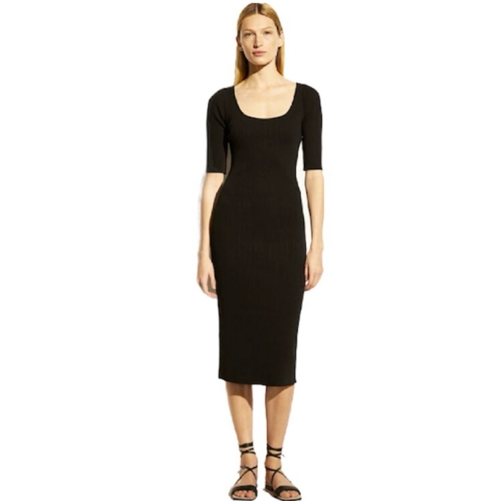 Vince Ribbed Elbow Sleeve Scoop Neck Dress
